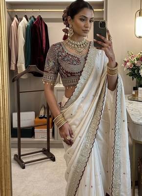 Off White Color embroidery sequence buttis  and work Satin Saree 2