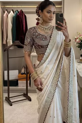 Off White Color embroidery sequence buttis  and work Satin Saree