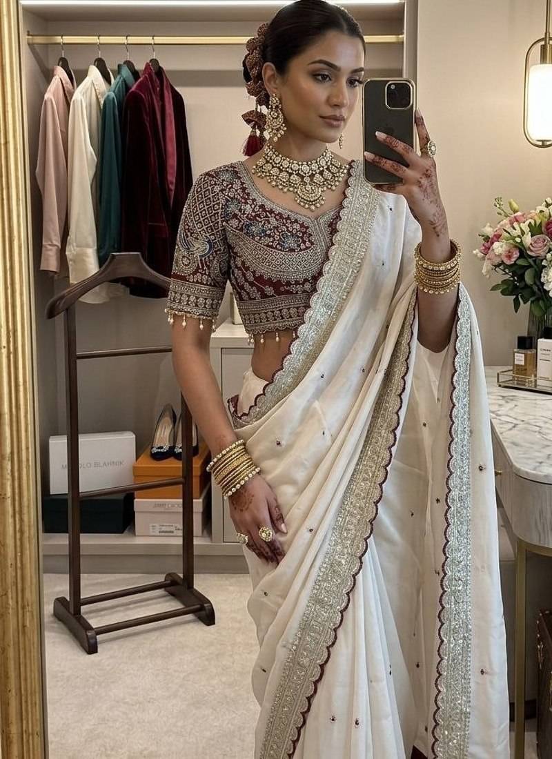 Off White Color embroidery sequence buttis  and work Satin Saree