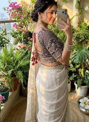 Off White Color embroidery sequence buttis  and work Satin Saree 3