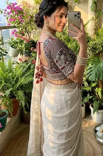 Off White Color embroidery sequence buttis  and work Satin Saree