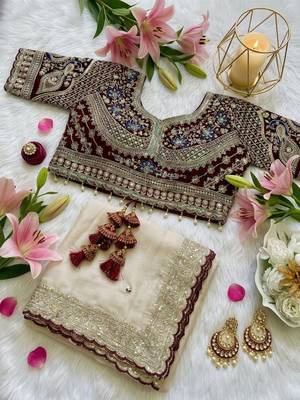 Off White Color embroidery sequence buttis  and work Satin Saree 4