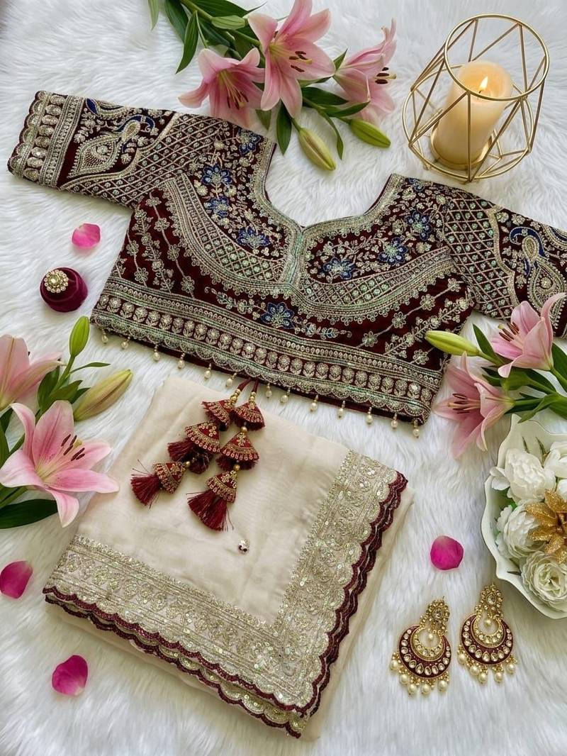 Off White Color embroidery sequence buttis  and work Satin Saree