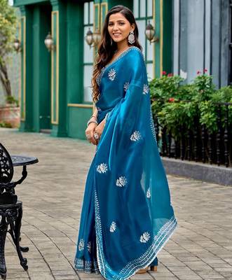 Blue embroidered embellished shimmer chiffon bollywood saree with blouse 3