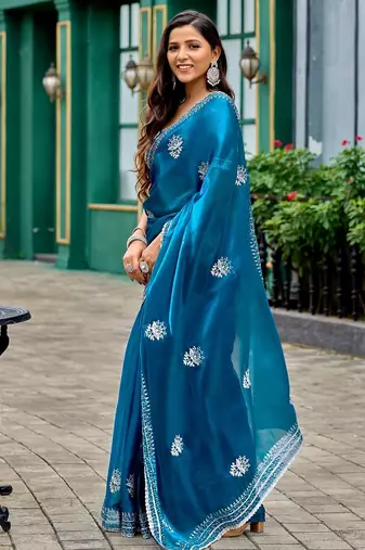 Blue embroidered embellished shimmer chiffon bollywood saree with blouse