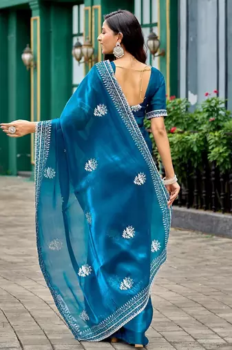 Blue embroidered embellished shimmer chiffon bollywood saree with blouse
