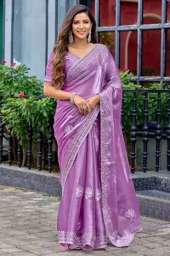 Lavender embroidered embellished shimmer chiffon bollywood saree with blouse