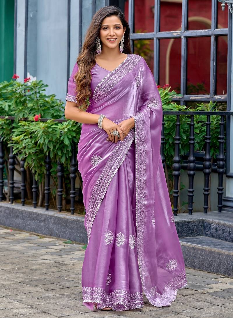 Lavender embroidered embellished shimmer chiffon bollywood saree with blouse