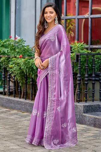 Lavender embroidered embellished shimmer chiffon bollywood saree with blouse