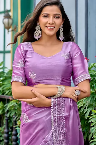 Lavender embroidered embellished shimmer chiffon bollywood saree with blouse