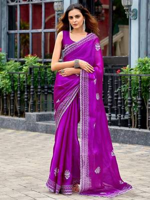Magenta embroidered embellished shimmer chiffon bollywood saree with blouse 1