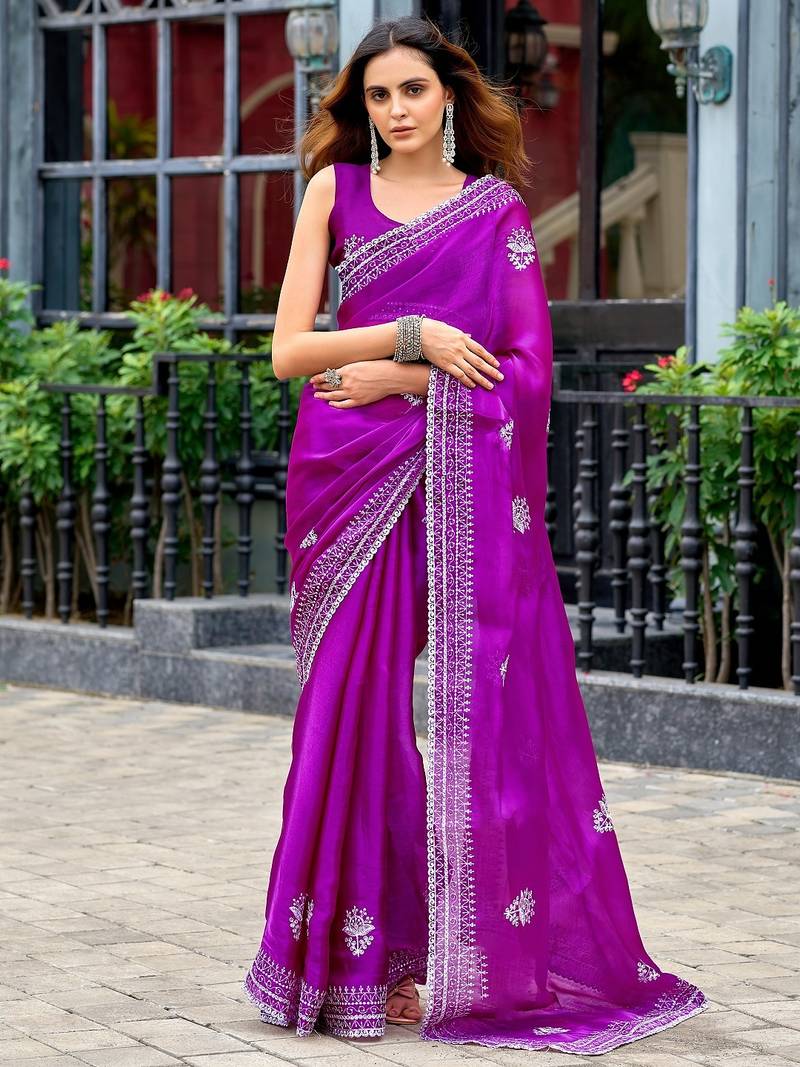 Magenta embroidered embellished shimmer chiffon bollywood saree with blouse