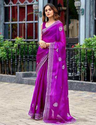 Magenta embroidered embellished shimmer chiffon bollywood saree with blouse 3