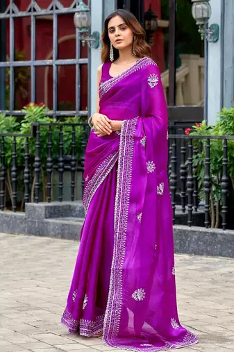 Magenta embroidered embellished shimmer chiffon bollywood saree with blouse