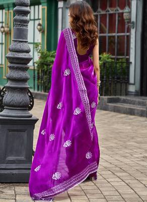 Magenta embroidered embellished shimmer chiffon bollywood saree with blouse 4