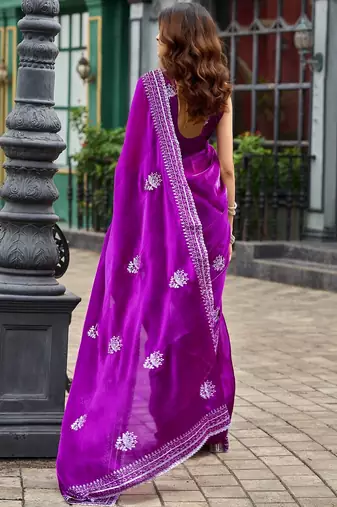 Magenta embroidered embellished shimmer chiffon bollywood saree with blouse