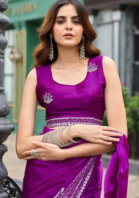 Magenta embroidered embellished shimmer chiffon bollywood saree with blouse 5