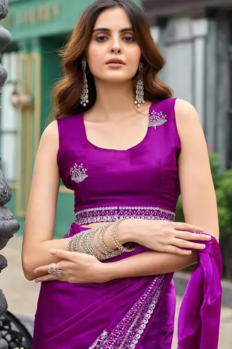 Magenta embroidered embellished shimmer chiffon bollywood saree with blouse
