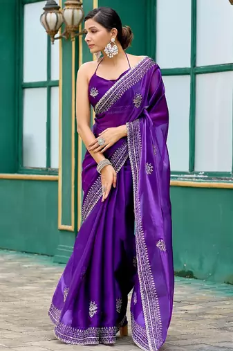 Purple embroidered embellished shimmer chiffon bollywood saree with blouse