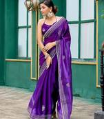 Purple embroidered embellished shimmer chiffon bollywood saree with blouse