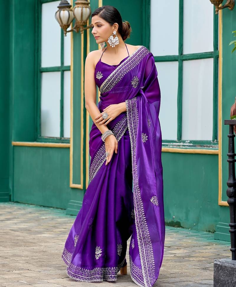Purple embroidered embellished shimmer chiffon bollywood saree with blouse