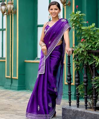 Purple embroidered embellished shimmer chiffon bollywood saree with blouse 2