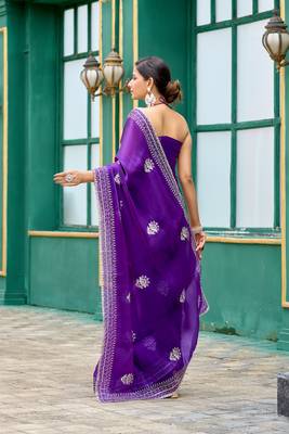 Purple embroidered embellished shimmer chiffon bollywood saree with blouse 4