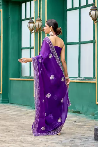 Purple embroidered embellished shimmer chiffon bollywood saree with blouse