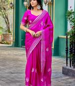 Rani pink embroidered embellished shimmer chiffon bollywood saree with blouse