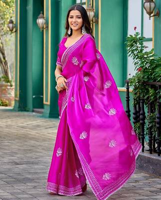 Rani pink embroidered embellished shimmer chiffon bollywood saree with blouse 3