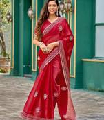Red embroidered embellished shimmer chiffon bollywood saree with blouse