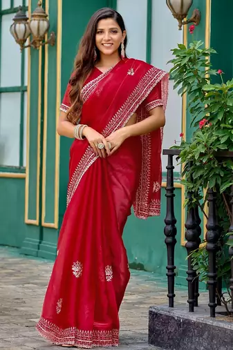 Red embroidered embellished shimmer chiffon bollywood saree with blouse