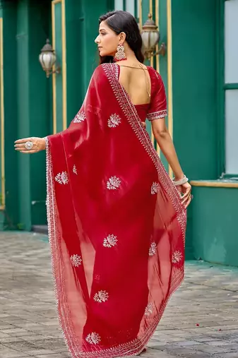 Red embroidered embellished shimmer chiffon bollywood saree with blouse