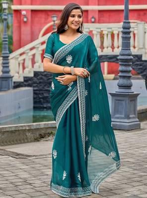Teal blue embroidered embellished shimmer chiffon bollywood saree with blouse 1
