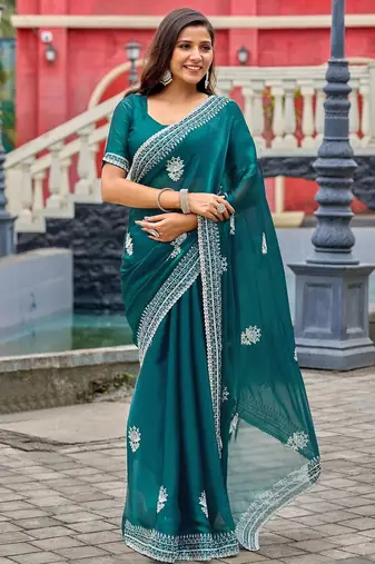 Teal blue embroidered embellished shimmer chiffon bollywood saree with blouse