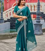 Teal blue embroidered embellished shimmer chiffon bollywood saree with blouse