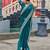 Teal blue embroidered embellished shimmer chiffon bollywood saree with blouse