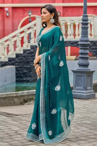 Teal blue embroidered embellished shimmer chiffon bollywood saree with blouse