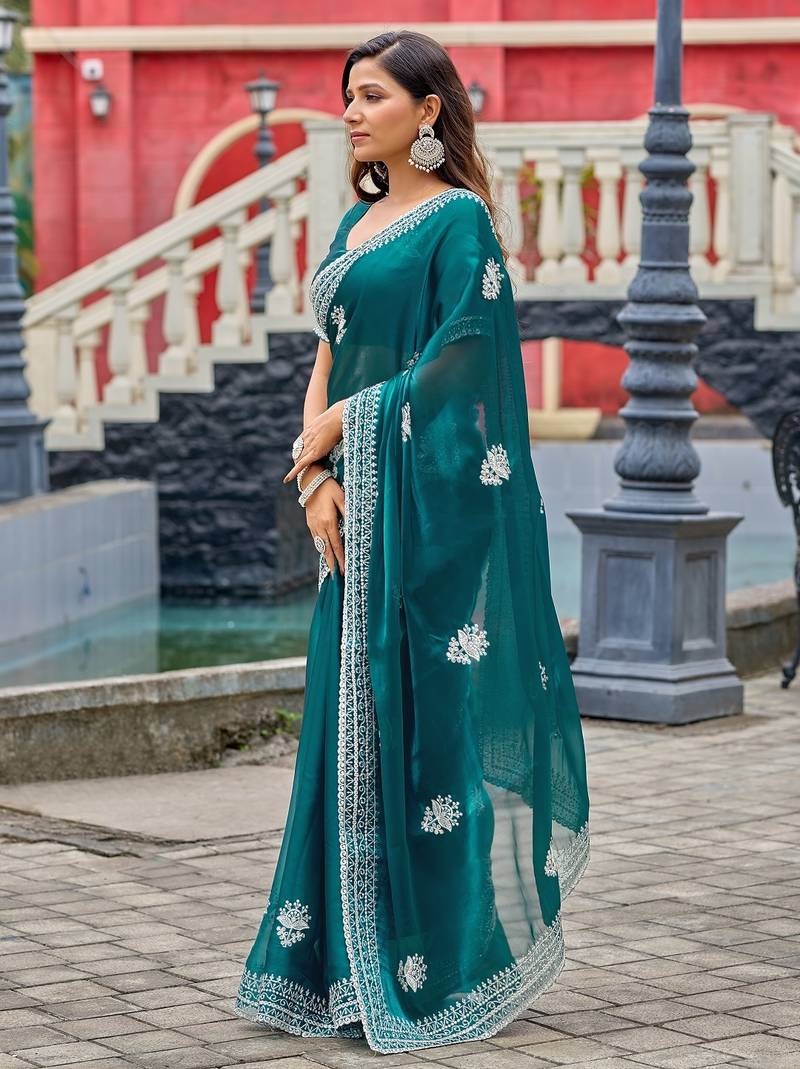 Teal blue embroidered embellished shimmer chiffon bollywood saree with blouse