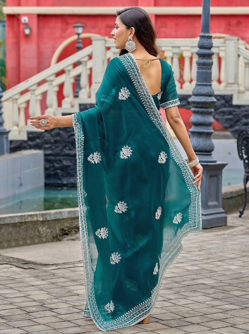 Teal blue embroidered embellished shimmer chiffon bollywood saree with blouse