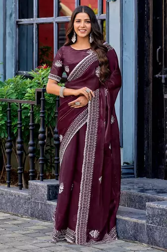 Wine embroidered embellished shimmer chiffon bollywood saree with blouse