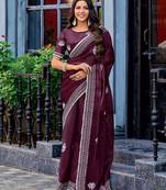 Wine embroidered embellished shimmer chiffon bollywood saree with blouse