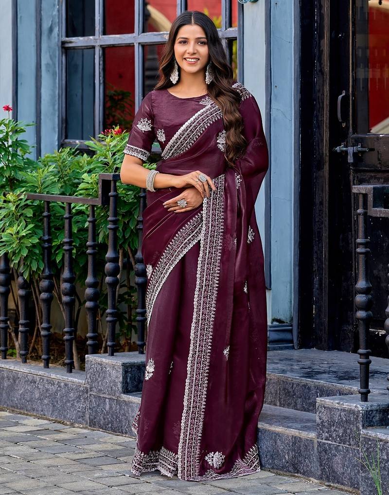 Wine embroidered embellished shimmer chiffon bollywood saree with blouse