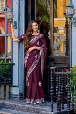 Wine embroidered embellished shimmer chiffon bollywood saree with blouse 2