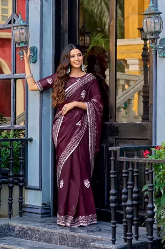 Wine embroidered embellished shimmer chiffon bollywood saree with blouse