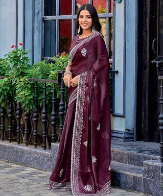 Wine embroidered embellished shimmer chiffon bollywood saree with blouse 3