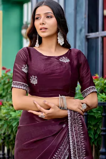 Wine embroidered embellished shimmer chiffon bollywood saree with blouse