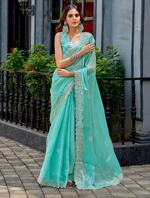 Aqua blue embroidered embellished shimmer chiffon bollywood saree with blouse 1