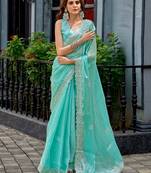 Aqua blue embroidered embellished shimmer chiffon bollywood saree with blouse