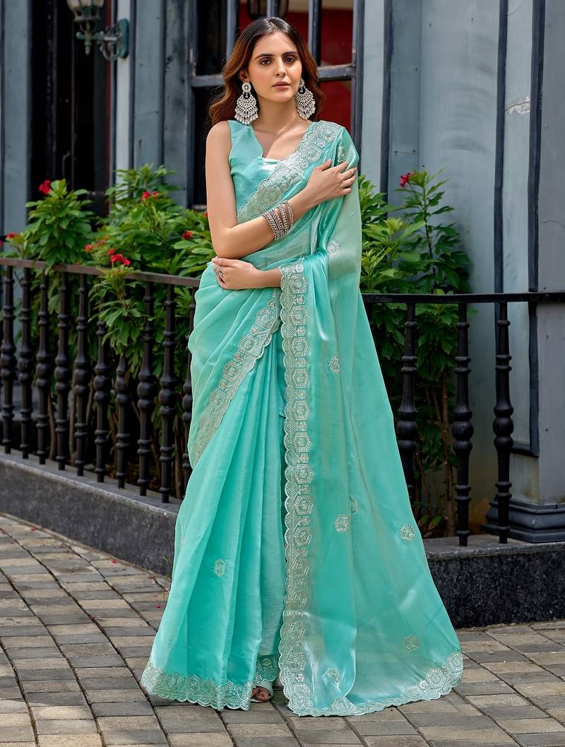 Aqua blue embroidered embellished shimmer chiffon bollywood saree with blouse
